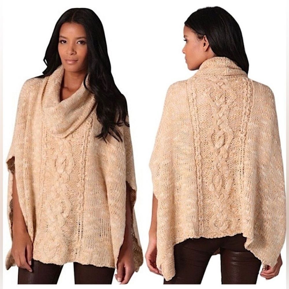 Free People cable knit Poncho Sweater in beige tan one size LARGE
